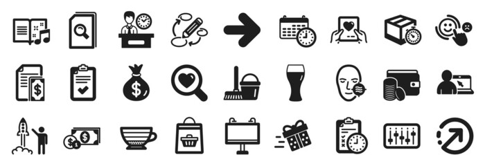 Set of simple icons, such as Presentation time, Problem skin, Checklist icons. Delivery timer, Launch project, Beer glass signs. Music book, Exam time, Dollar money. Payment, Calendar. Vector