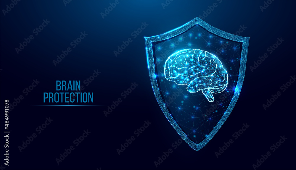 Poster human brain in guard shield. cyber security concept with glowing low poly brain and shield on dark b