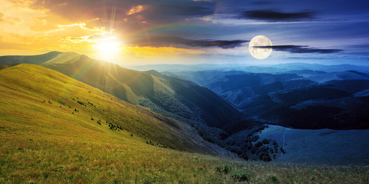 day and night time change concept above mountain landscape in summer. grassy meadows on the hills rolling in to the distant peak beneath sky with sun and moon