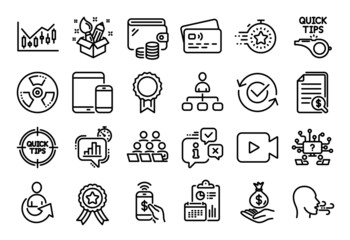 Vector set of Tutorials, Video camera and Winner ribbon line icons set. Calendar report, Money wallet and Credit card tag. Creativity, Timer and Teamwork question icons. Vector