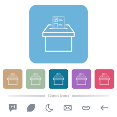 Voting paper and ballot box outline flat icons on color rounded square backgrounds