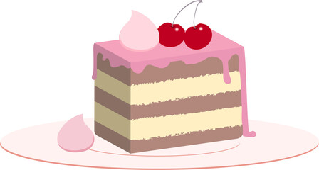 Slice of cake decorated with cherries and cream. Vector piece of tart.