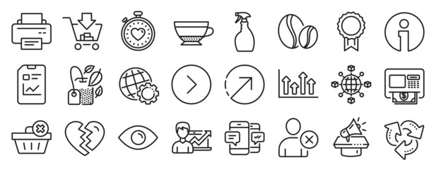 Set of line icons, such as Spray, Coffee beans, Report document icons. Globe, Upper arrows, Dry cappuccino signs. Atm, Eye, Info. Mint bag, Break up, Printer. Reward, Megaphone, Shopping. Vector