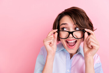 Photo of young woman happy positive smile amazed shocked surprised wow reacton curious news...
