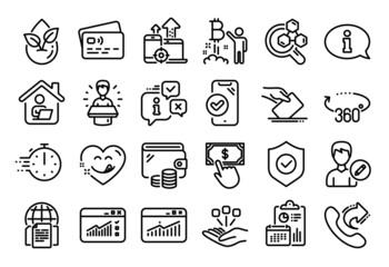 Vector set of Cooking timer, Edit person and Work home line icons set. Calendar report, Money wallet and Credit card tag. 360 degrees, Information and Brand ambassador icons. Vector