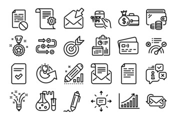 Fototapeta premium Vector set of Mail newsletter, Refresh mail and Education line icons set. Calendar report, Money wallet and Credit card tag. Winner reward, Correct answer and Wrong file icons. Vector