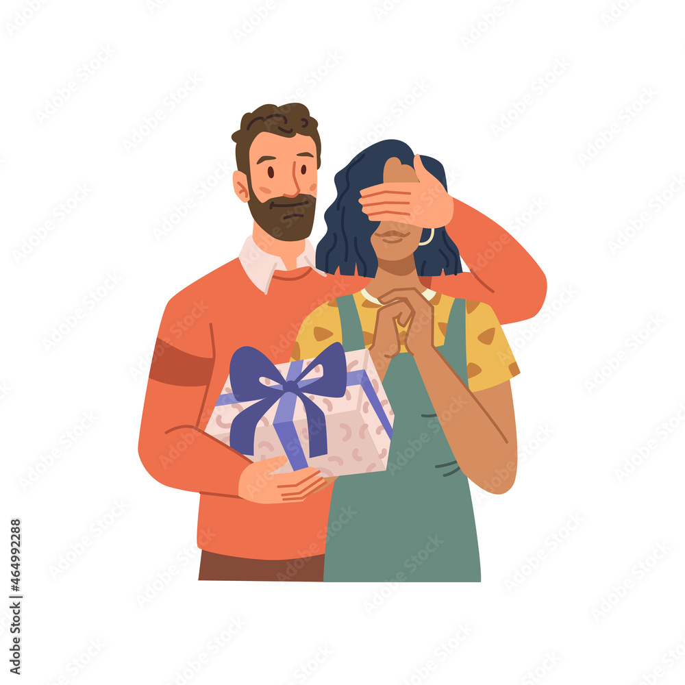 Wall mural Husband giving present to wife on anniversary, birthday, Christmas or Valentine day party isolated flat cartoon characters. Vector dating couple man and woman and romantic package with ribbon surprise