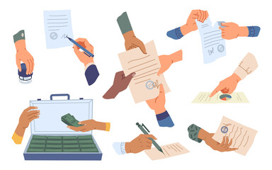 Business hands sign paper, work and relationship, cooperation and partnership concept flat cartoon set. Loan or investment money from case, partnership and signature, teamwork and contract break