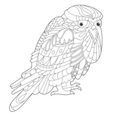 Cute beautiful  bird owl. Black and white background. Funny creature, coloring book pages. Hand drawn illustration in zentangle style for children and adults, tattoo.