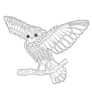 Cute beautiful  bird owl. Black and white background. Funny creature, coloring book pages. Hand drawn illustration in zentangle style for children and adults, tattoo.