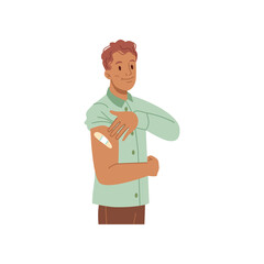 Coronavirus immunization, man after vaccination showing plaster on shoulder, pandemic prevention injection. Vector vaccinated cartoon guy encouraged to vaccinate covid 19 vaccine, health care