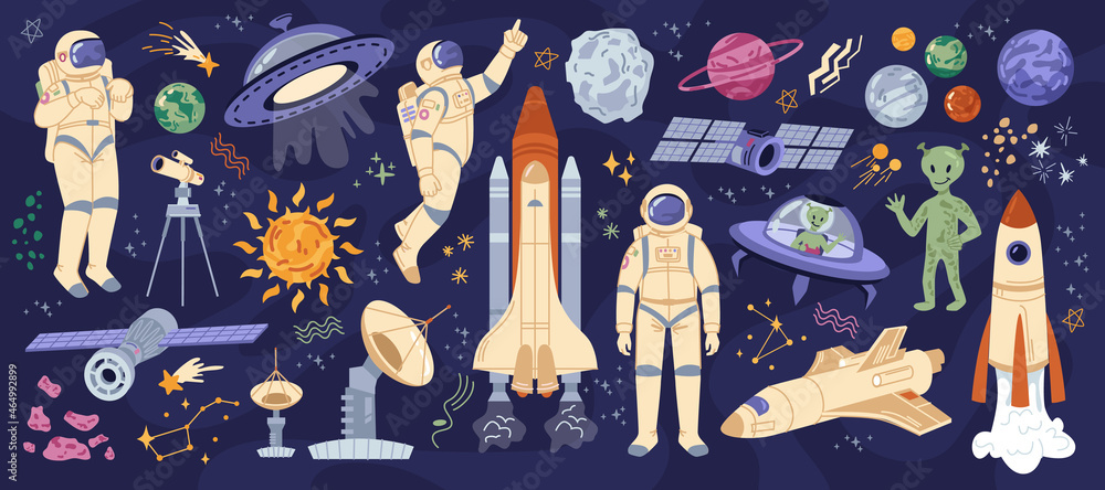 Poster Outer space and galaxy exploration, cosmonauts and spaceships, astronauts and planets, celestial bodies and aliens with flying objects in sky. Cartoon character in flat style vector illustration