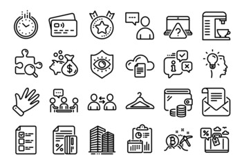Vector set of Idea, Mail newsletter and Travel loan line icons set. Calendar report, Money wallet and Credit card tag. Hand, Users chat and Online question icons. Vector