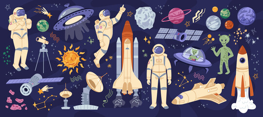 Outer space and galaxy exploration, cosmonauts and spaceships, astronauts and planets, celestial bodies and aliens with flying objects in sky. Cartoon character in flat style vector illustration
