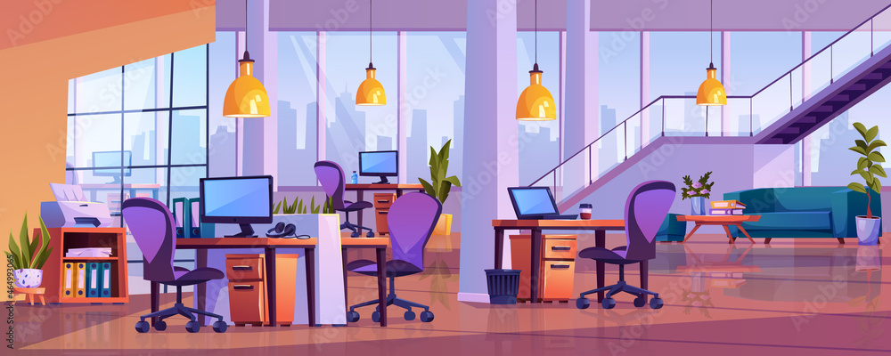 Poster Office open space, empty area workspace, modern business center interior. Vector computer tables and chairs, panoramic windows, loft lamps and ladder upstairs. Furnished room with sofa, plants