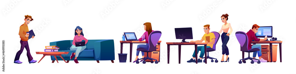 Aufkleber co-workers in office at workplace, young cartoon people working on computers isolated man and woman 