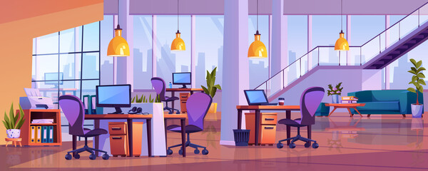 Office open space, empty area workspace, modern business center interior. Vector computer tables and chairs, panoramic windows, loft lamps and ladder upstairs. Furnished room with sofa, plants © Sensvector