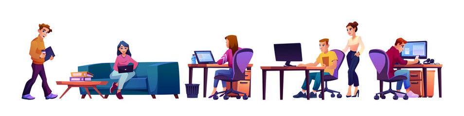 Co-workers in office at workplace, young cartoon people working on computers isolated man and woman with laptops. Vector executive workers working at shared workspace, sofa, table desks and chairs