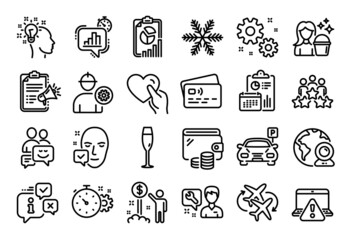 Vector set of Champagne glass, Hold heart and Business meeting line icons set. Calendar report, Money wallet and Credit card tag. Engineer, Cogwheel timer and Work icons. Vector