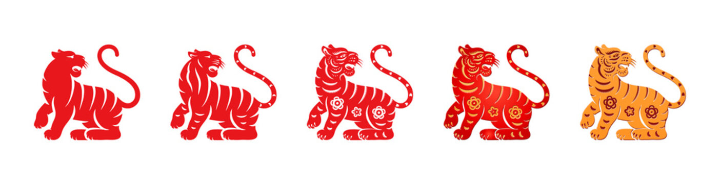 Flat paper cut tiger with floral pattern isolated CNY animals set Vector spring festival lunar calendar mascot, korean and japanese horoscope sign, tigers eastern zodiac symbols, astrology theme
