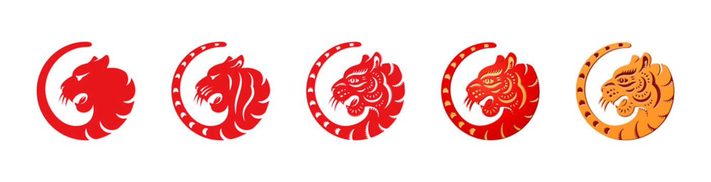 CNY tigers flat papercut animals isolated zodiac and astrology theme symbols. Vector eastern chinese, japanese and korean new year signs, spring festival oriental holidays mascot, head and long tail