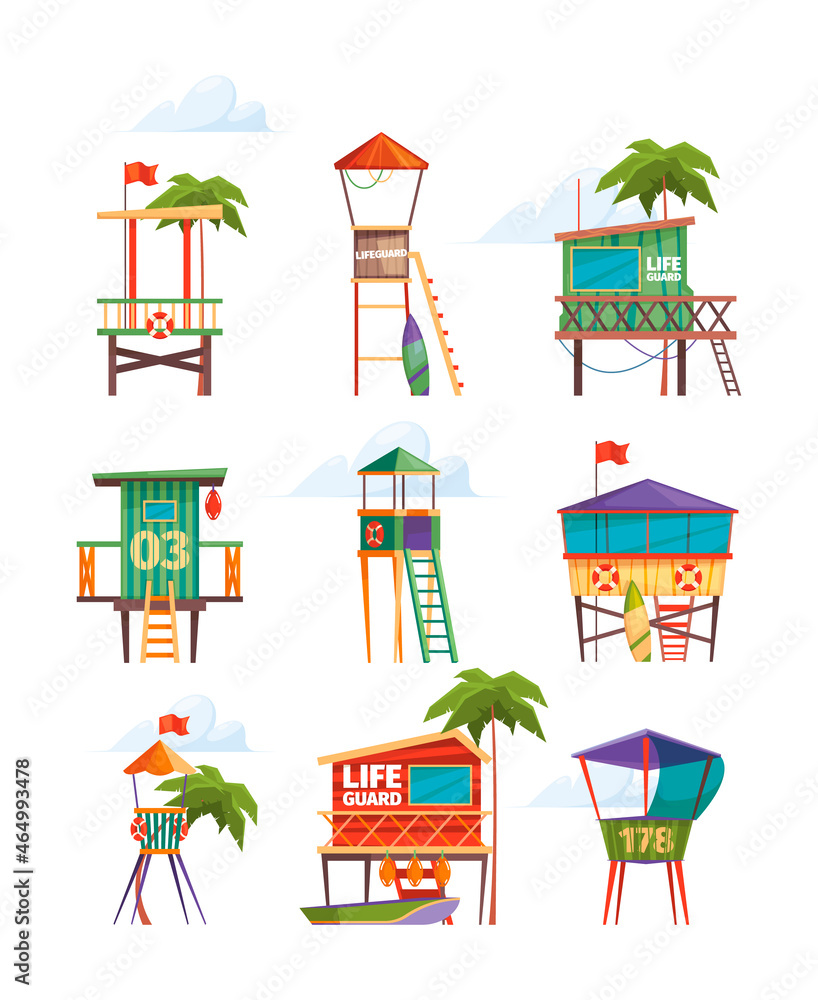 Wall mural modern beach buildings. beach lifeguard towers on the seaside security station garish vector flat pi