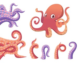 Cartoon octopus tentacles. Cute isolated octopus characters, colorful tentacle. Underwater wildlife vector design elements