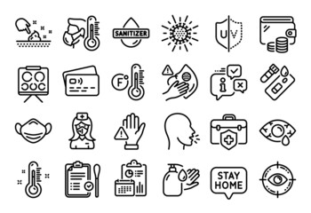 Vector set of Hand sanitizer, &ETH;&iexcl;onjunctivitis eye and Coronavirus line icons set. Calendar report, Money wallet and Credit card tag. Dirty mask, Medical insurance and Uv protection icons. Vector