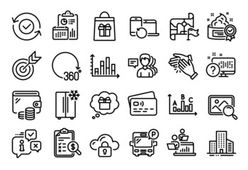 Vector set of Clapping hands, Survey results and Target line icons set. Calendar report, Money wallet and Credit card tag. Online quiz, Diagram graph and Buildings icons. Vector