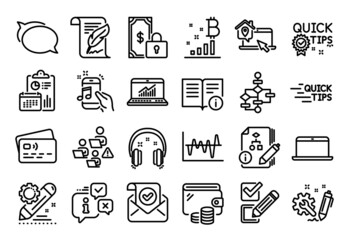 Vector set of Confirmed mail, Work home and Online statistics line icons set. Calendar report, Money wallet and Credit card tag. Laptop, Music phone and Quick tips icons. Vector