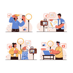 Video blogging people concept isolated scenes set. Men and women record video on camera or smartphone in a personal fashion or art blog, gamer streaming games. Vector illustration in flat design