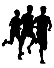 Young athletes run a marathon. Isolated silhouettes on white background