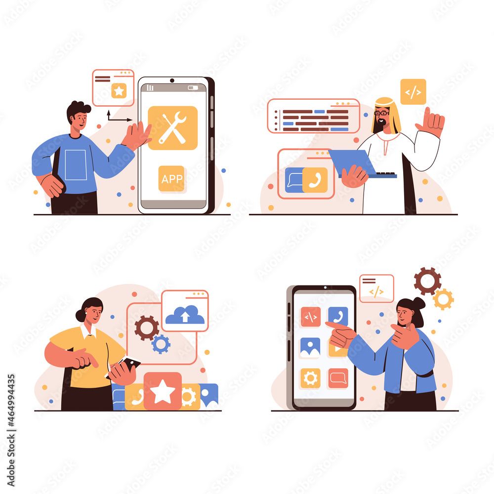 Aufkleber app development people concept isolated scenes set. men and women create and optimize interface layo