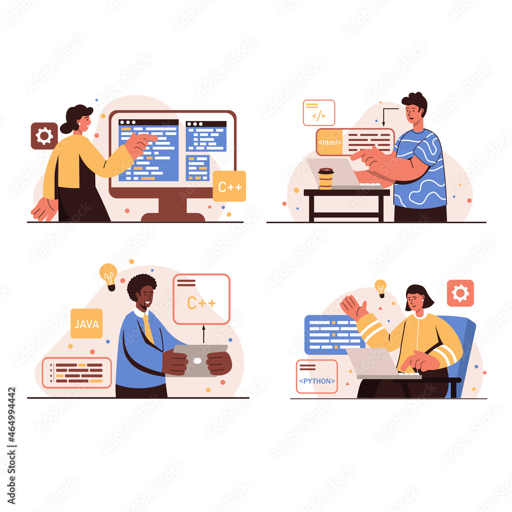 Poster programming working people concept isolated scenes set. men and women work with different programmin