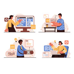 Programming working people concept isolated scenes set. Men and women work with different programming languages, customize and optimize programs and applications. Vector illustration in flat design