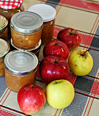 Homemade apple marmalade and apples on plaid tablecloth; selective focus.