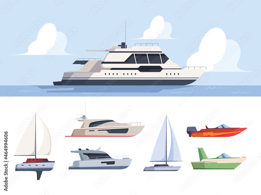 Sticker cruise yacht. sea travel luxury ship for exploring ocean boat side garish vector illustrations in fl