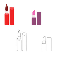 A vector illustration of lipsticks isolated on transparent background. Designed in black and white, pink, purple, red, maroon colors as a coloring book page.