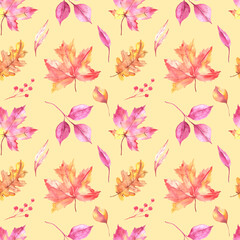 Seamless pattern with hand painted watercolor autumn leaves. Cute design for textile design, scrapbook paper, decorations. High quality illustration