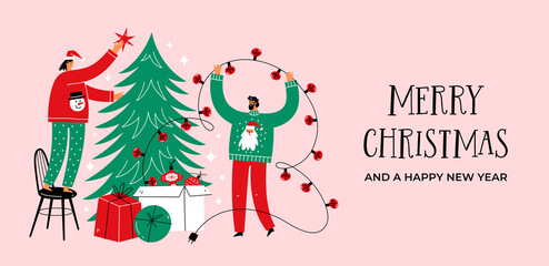 Merry Christmas and happy new year banner or landing page with happy people decorated Christmas tree together. 