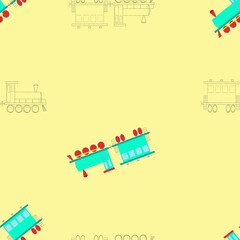 A seamless vector pattern of toy trains on orange background. Designed in different colors for web concepts, prints, wraps, wallpapers, backgrounds, templates.
