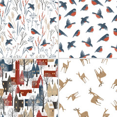 Seamless pattern with hand drawn textured houses, forest, forest animals. Cute old town, animals, plants, perfect for winter wrapping paper or fabric.