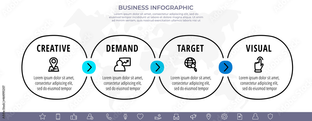 Aufkleber hand-drawn vector line infographics with four circles and arrows. flat chart process template with 4
