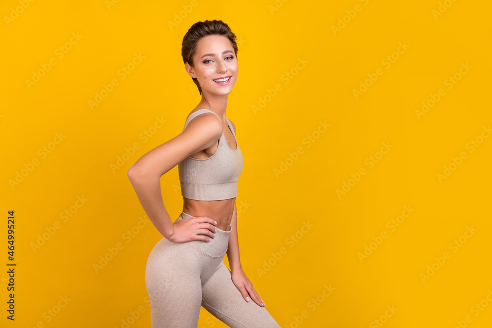 Sticker photo of positive tender lady hand waist posing beaming smile wear grey top isolated yellow color ba