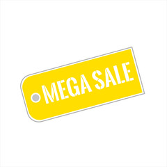 Yellow tag on a white background with the inscription Mega sale. Vector illustration.