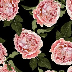 Seamless floral pattern with pink roses flowers with leaves on black background. Summer and spring motifs. Trendy floral texture.