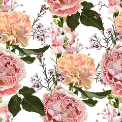 Gardinen Seamless floral pattern with pink roses and creamy clove flowers with herbs on white background. Summer and spring motifs. Trendy floral texture. © Iuliia