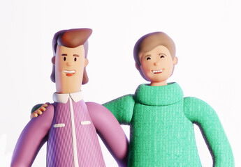 Portrait of two young happy man, smiling and hugging each other. 3D rendering illustration