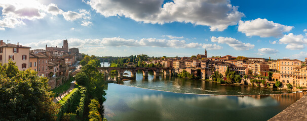 The Tarn and its banks, from the Pont Neuf in Albi, in the Tarn, in Occitanie, France - obrazy, fototapety, plakaty
