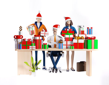 3D rendering illustration Businessman and his team next to desk with lots of presents and Christmas gifts. Celebrating Christmas and new year in office, business and corporate life